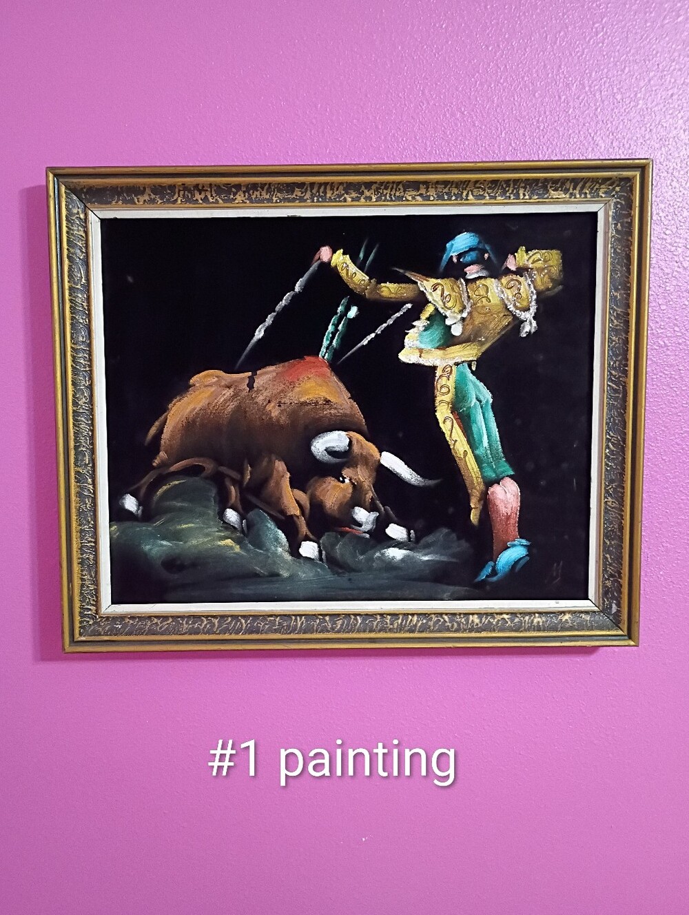 Pair of 2 Vintage Matador Bullfight Black Velvet Painting in Gold Frame MCM